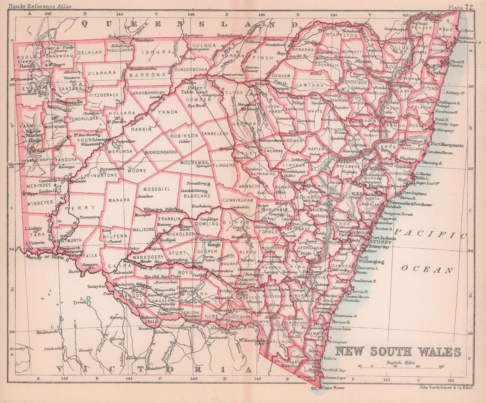 New South Wales in counties. BARTHOLOMEW 1893 old antique map plan chart