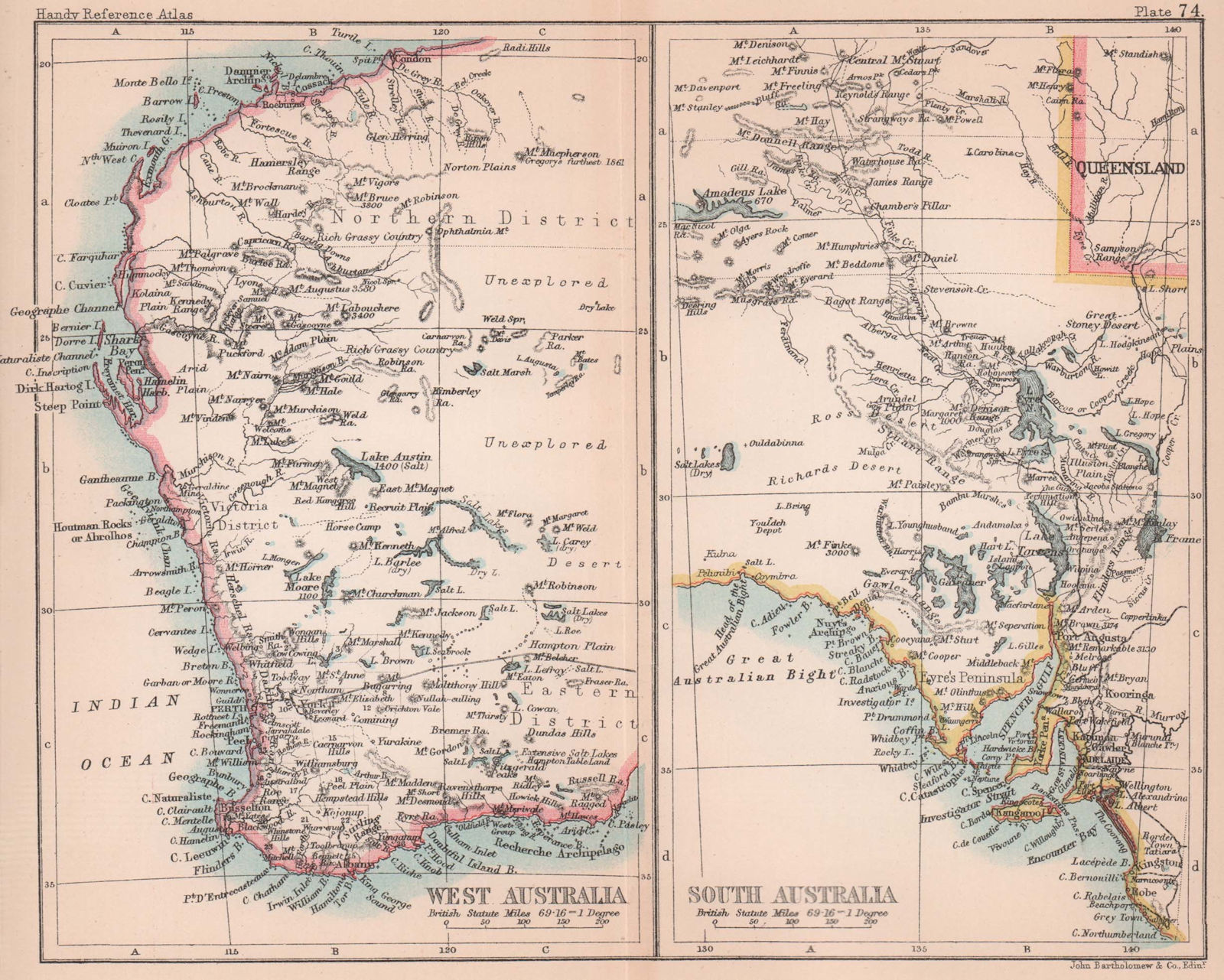 Western Australia & South Australia. BARTHOLOMEW 1893 old antique map chart