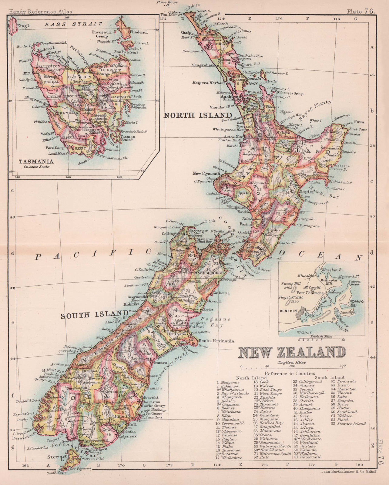 New Zealand & Tasmania. BARTHOLOMEW 1893 old antique vintage map plan chart