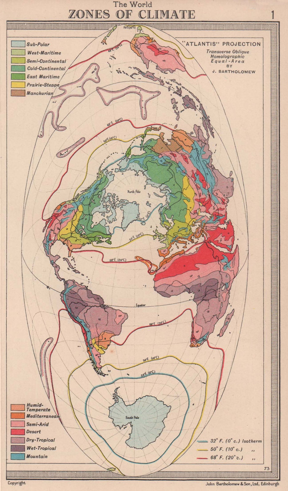World - Zones of Climate. Atlantis projection. BARTHOLOMEW 1949 old map