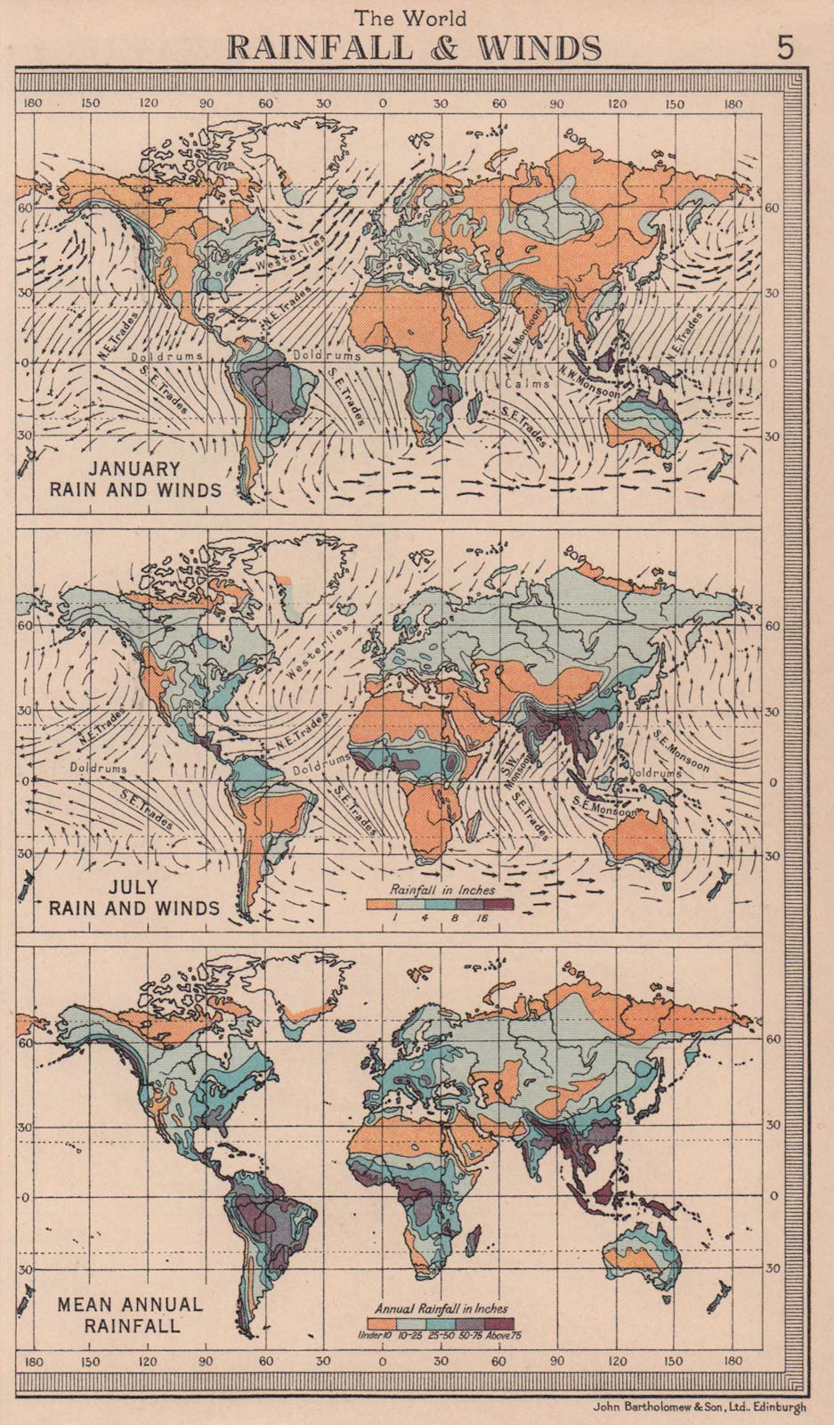 World - Rainfall and Winds. BARTHOLOMEW 1949 old vintage map plan chart