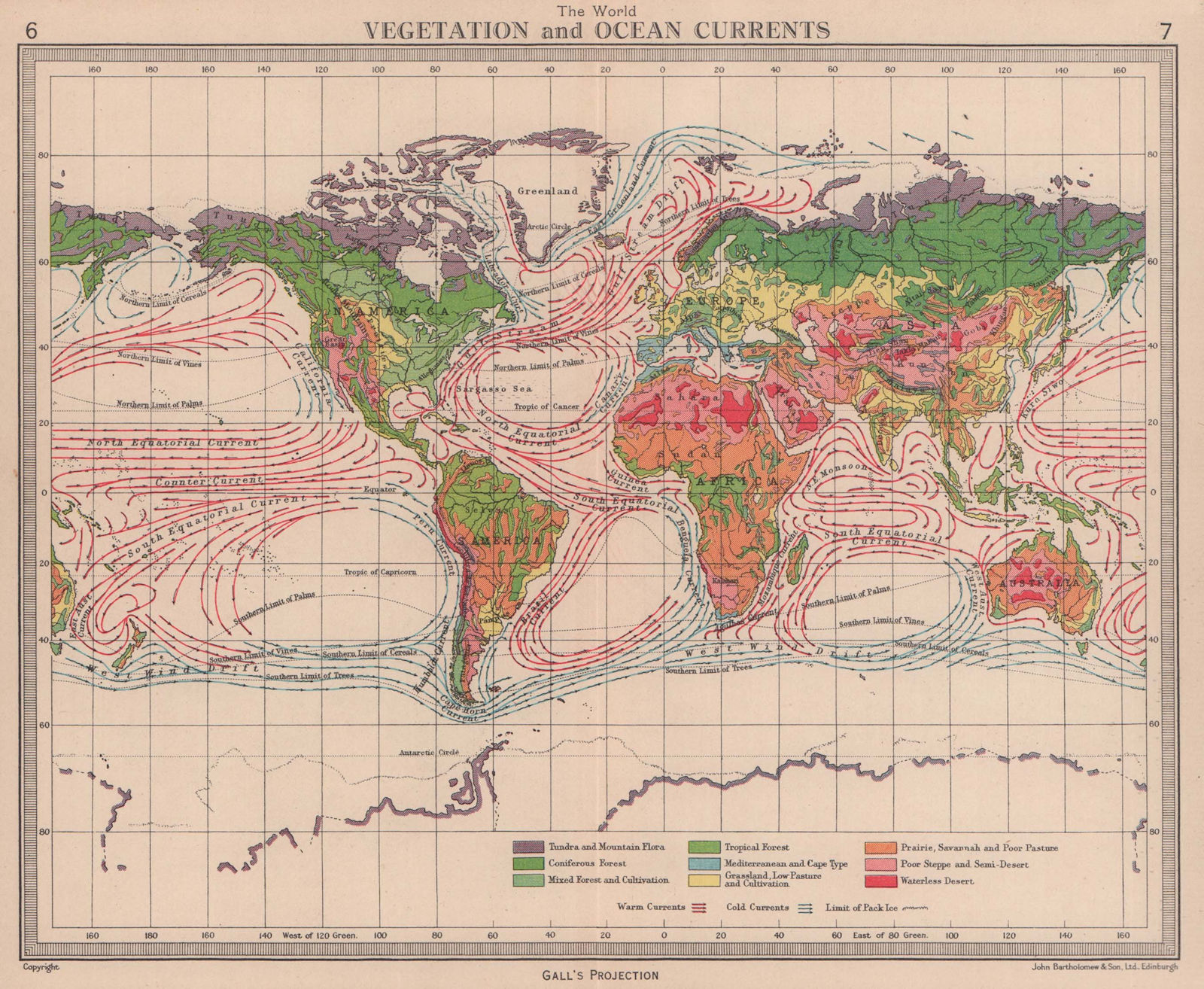 World - Vegetation & Ocean Currents. BARTHOLOMEW 1949 old vintage map chart