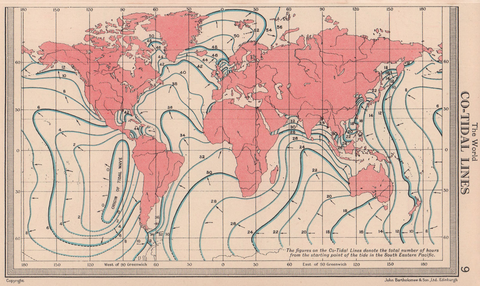 World - Co-Tidal Lines. BARTHOLOMEW 1949 old vintage map plan chart