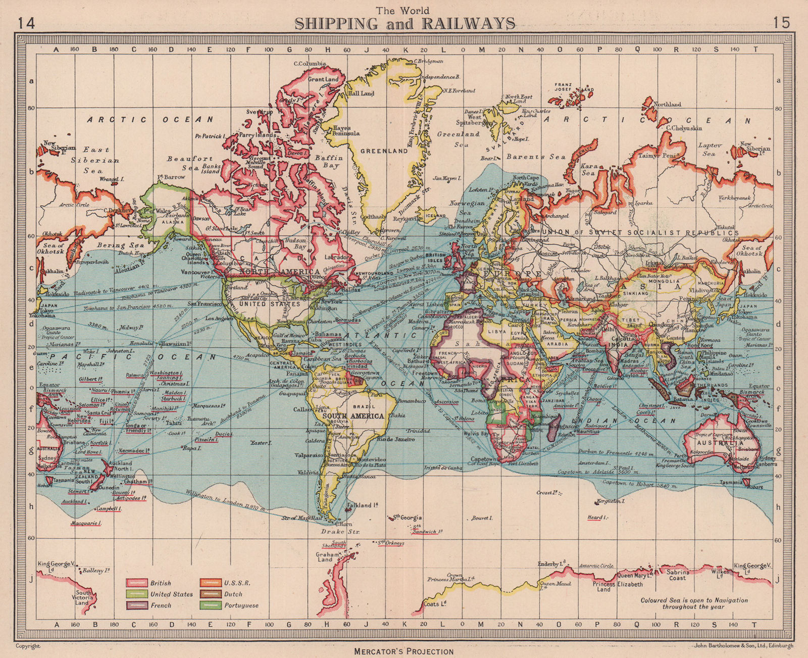 World - Shipping & Railways. Colonial. BARTHOLOMEW 1949 old vintage map chart