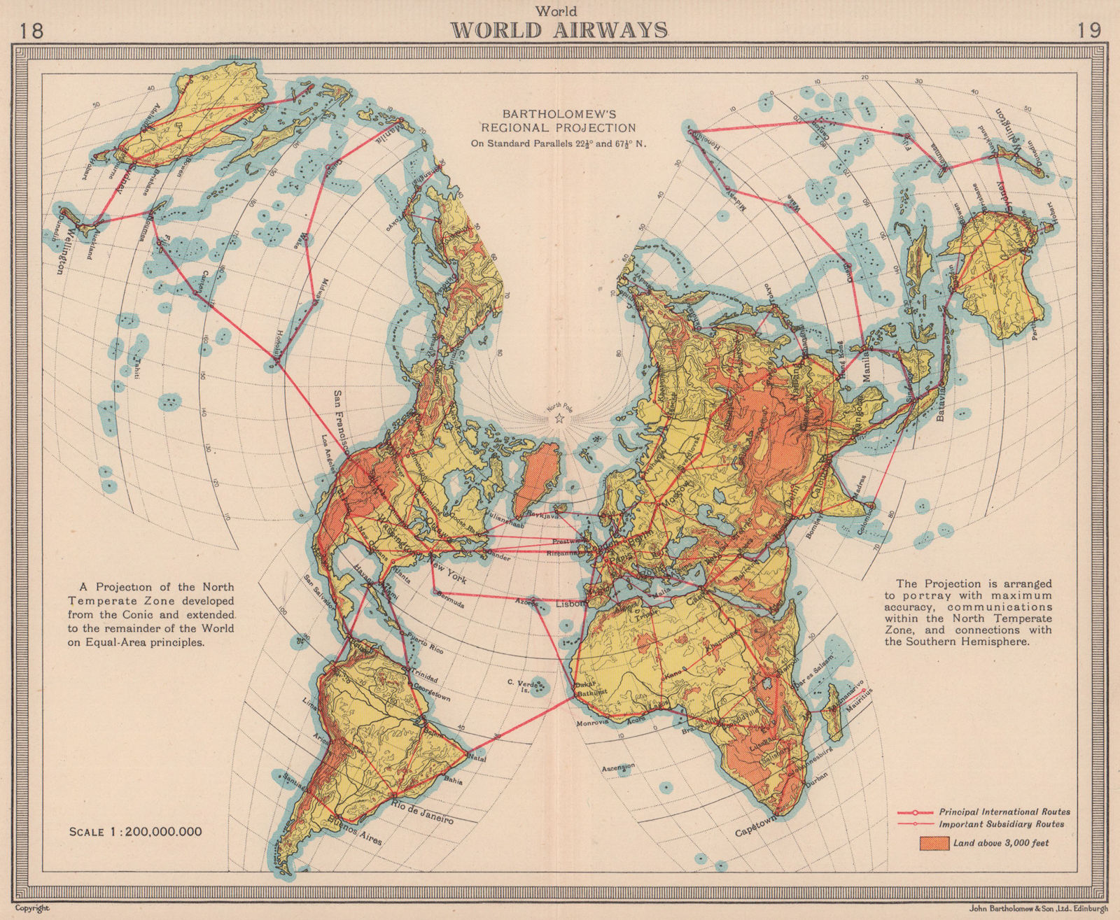 World Airways. Air routes. BARTHOLOMEW 1949 old vintage map plan chart