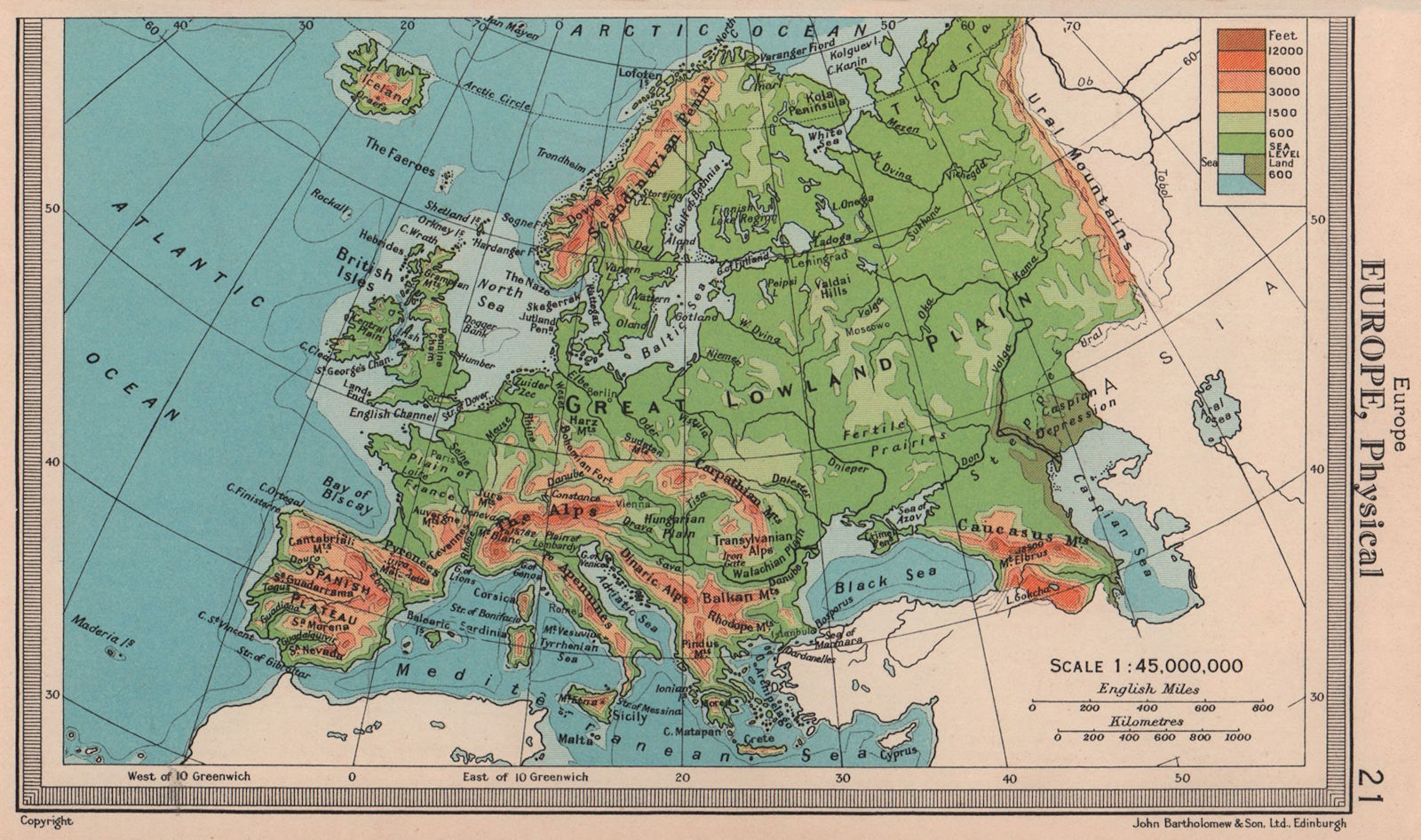 Europe - Physical. Mountains Rivers. BARTHOLOMEW 1949 old vintage map chart