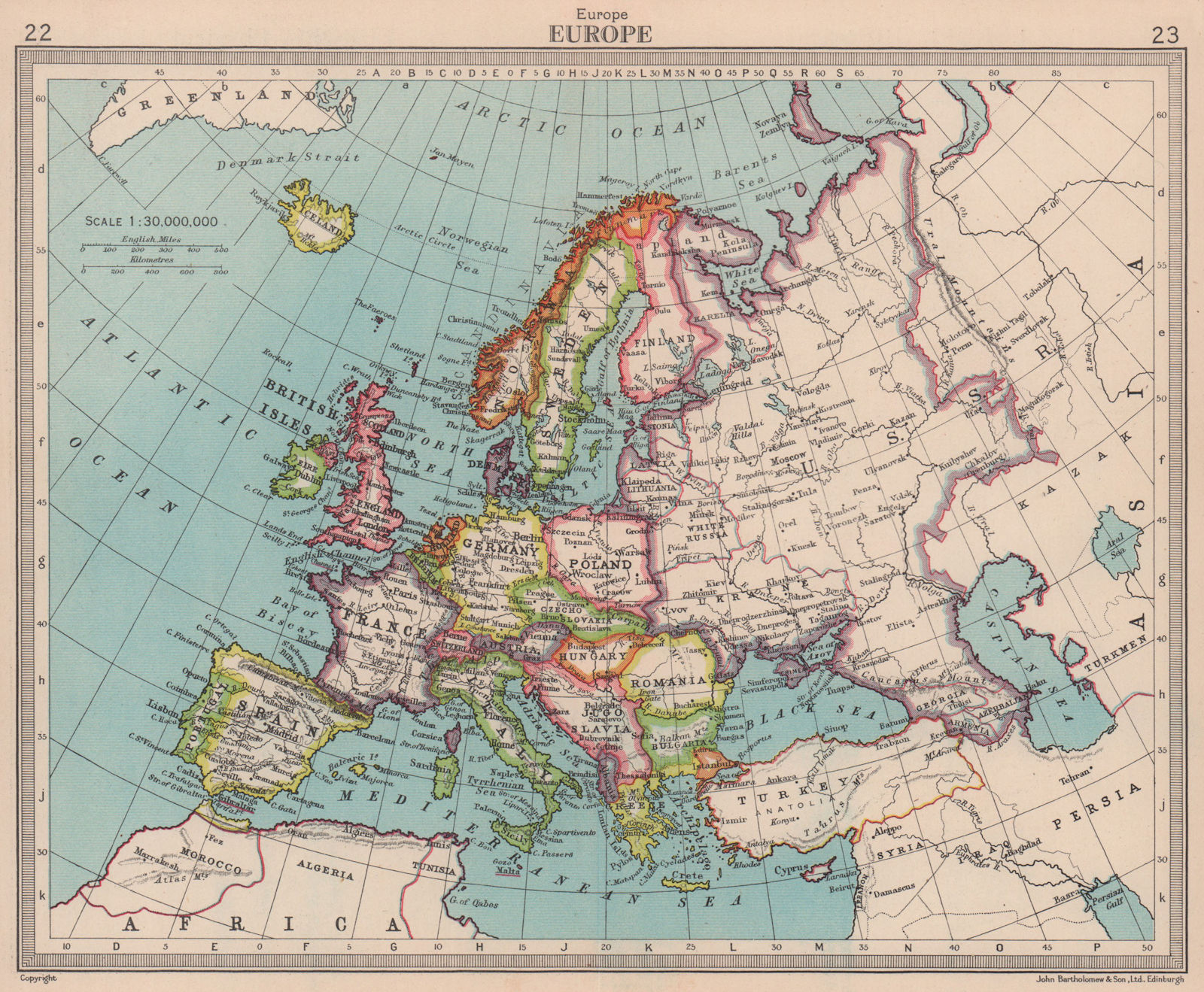 Europe. Political. Shows unified Germany. BARTHOLOMEW 1949 old vintage map