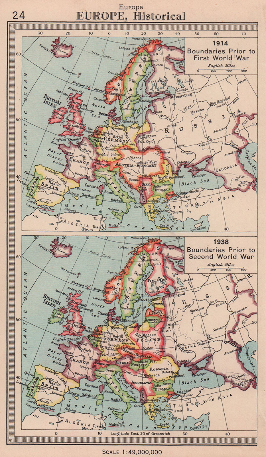 Europe borders in 1914 and 1938. BARTHOLOMEW 1949 old vintage map plan chart