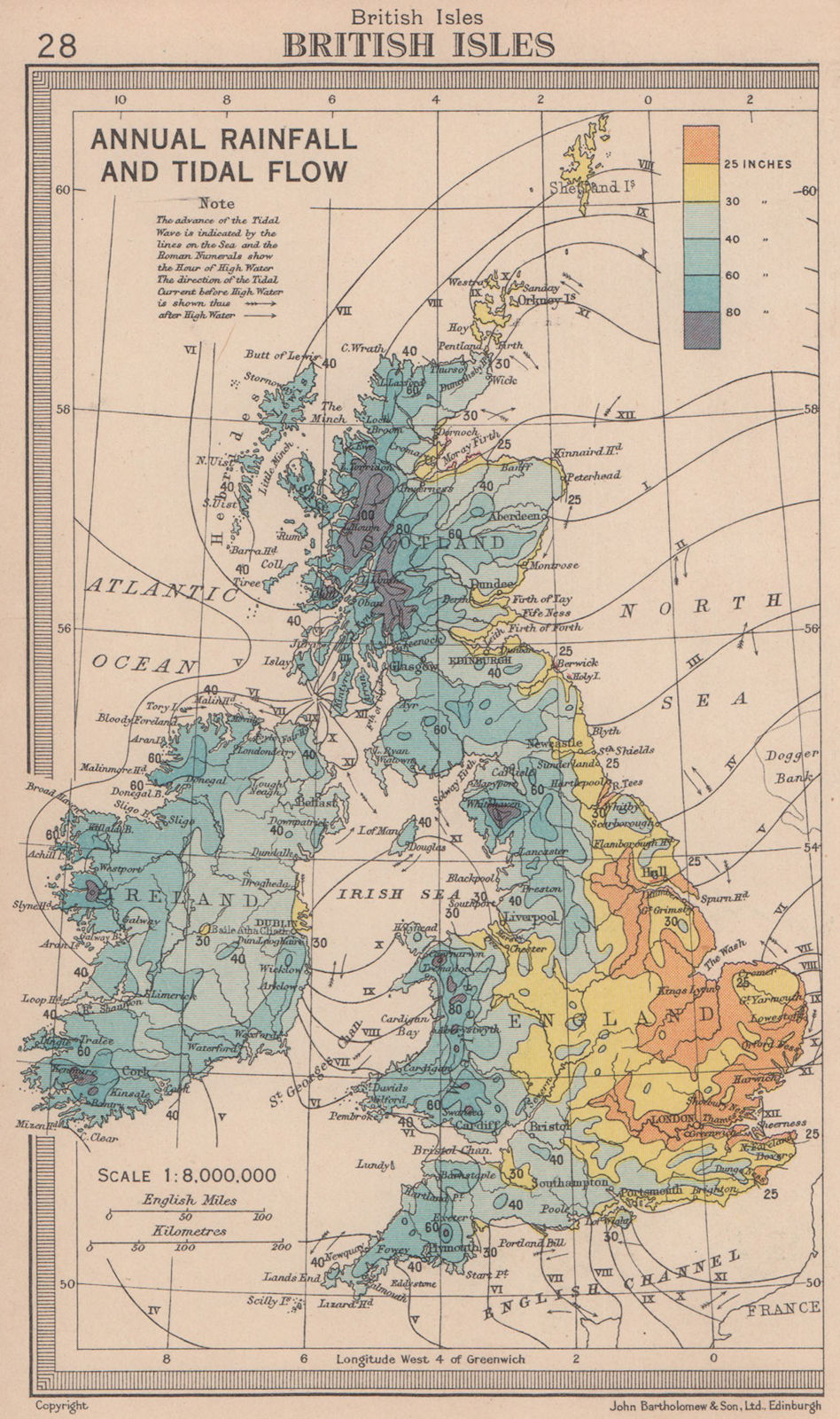 British Isles - annual rainfall & tidal flow. BARTHOLOMEW 1949 old vintage map