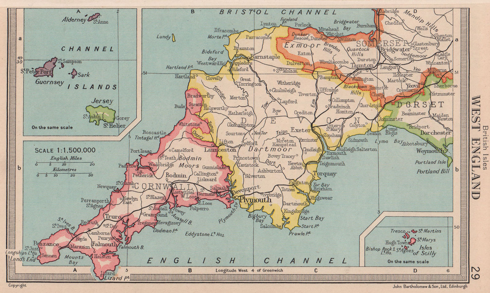 West of England. Devon & Cornwall. BARTHOLOMEW 1949 old vintage map plan chart