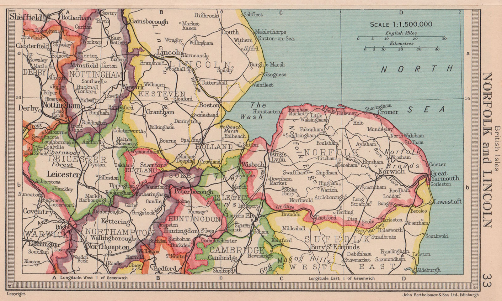 Associate Product Eastern England. Norfolk Lincolnshire. East Midlands. BARTHOLOMEW 1949 old map