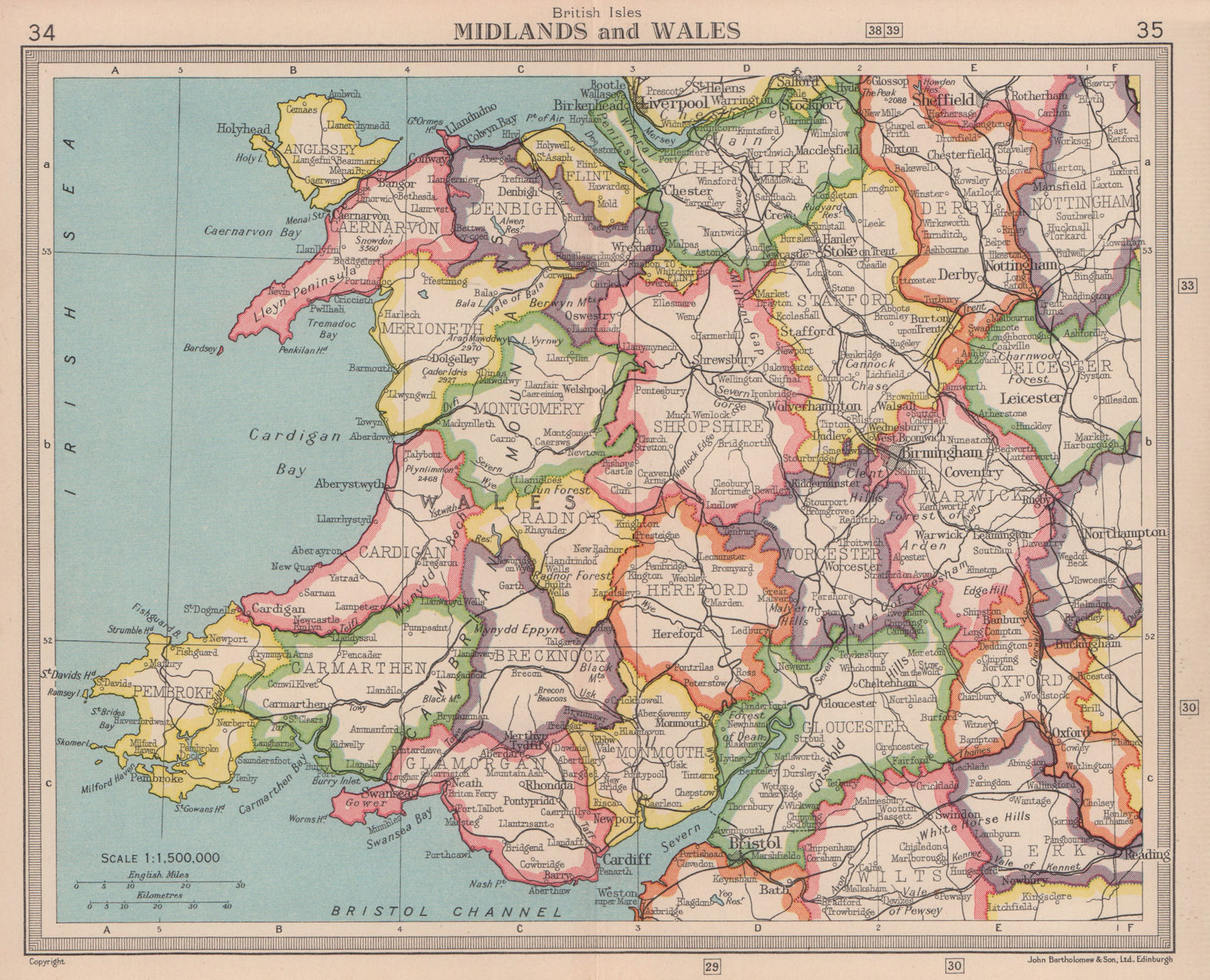 West Midlands & Wales. England. BARTHOLOMEW 1949 old vintage map plan chart