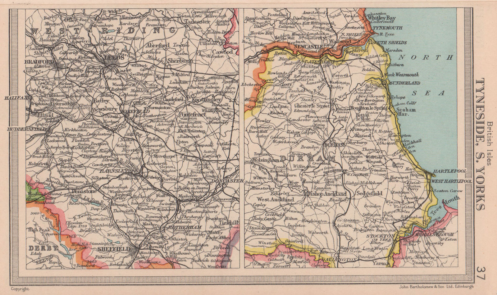 Tyneside & South Yorkshire. County Durham. BARTHOLOMEW 1949 old vintage map