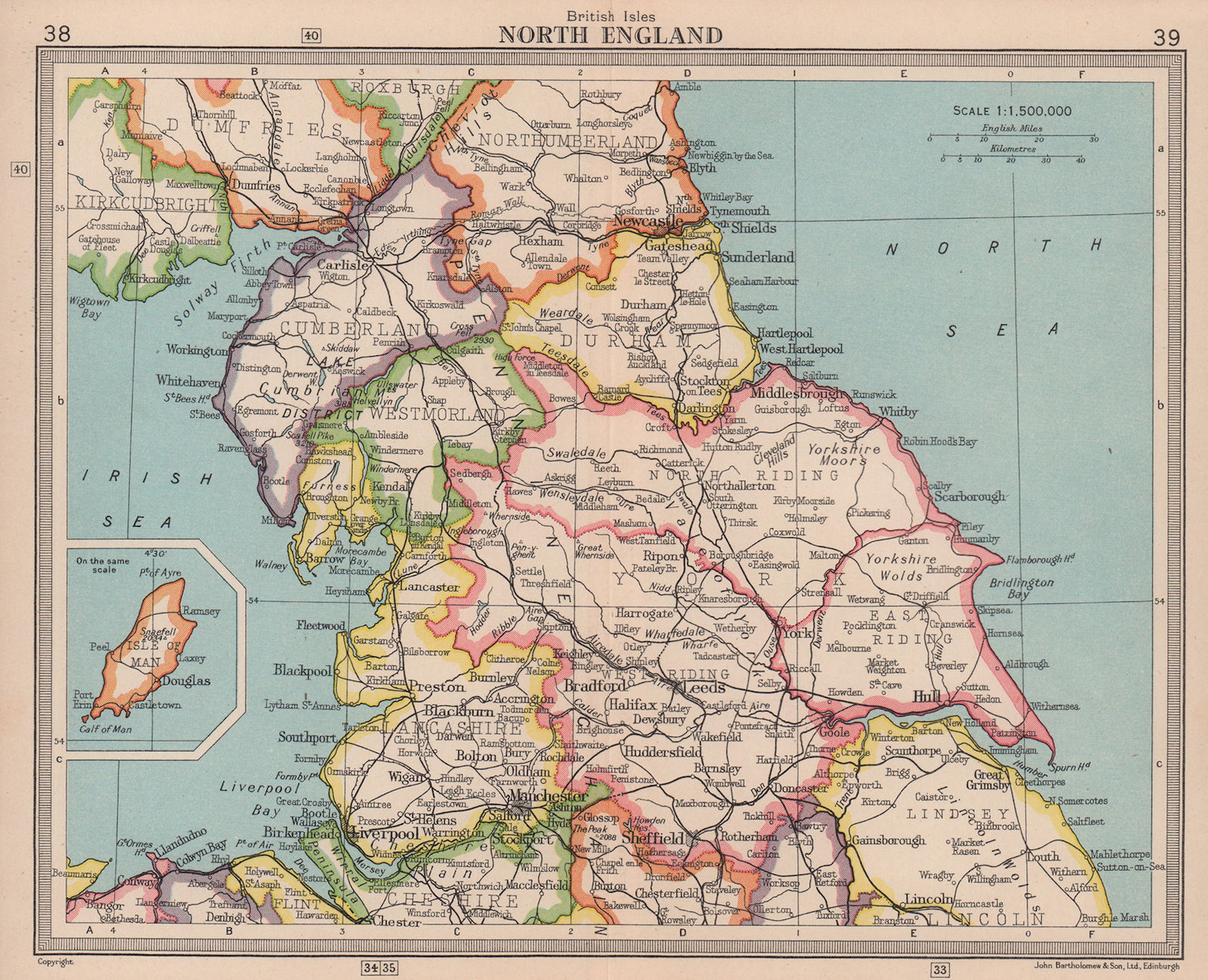 Northern England. Yorkshire. BARTHOLOMEW 1949 old vintage map plan chart