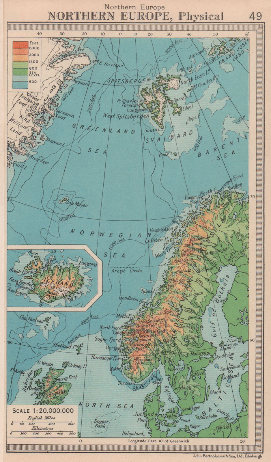 Northern Europe - Physical. Scandinavia Svalbard. BARTHOLOMEW 1949 old map