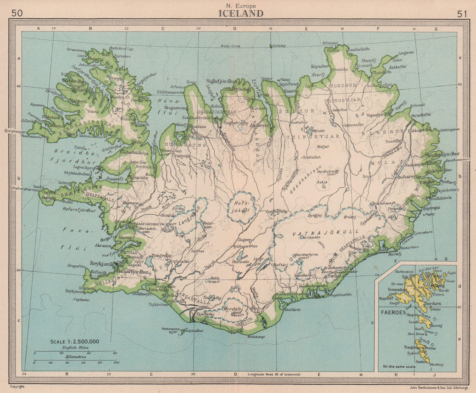 Iceland & the Faeroe islands. BARTHOLOMEW 1949 old vintage map plan chart