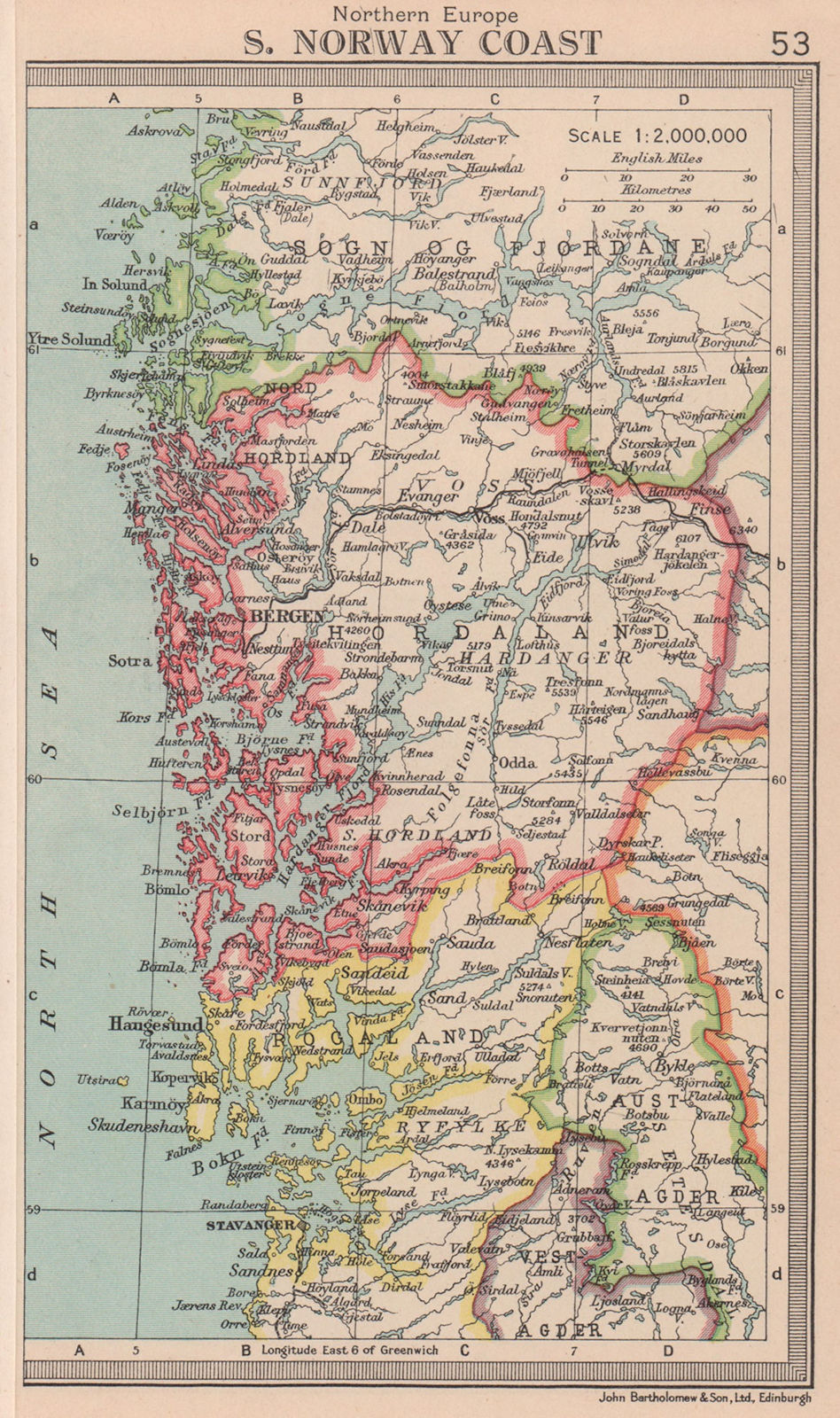 South Norway Coast. Bergen. Hordaland. BARTHOLOMEW 1949 old vintage map chart