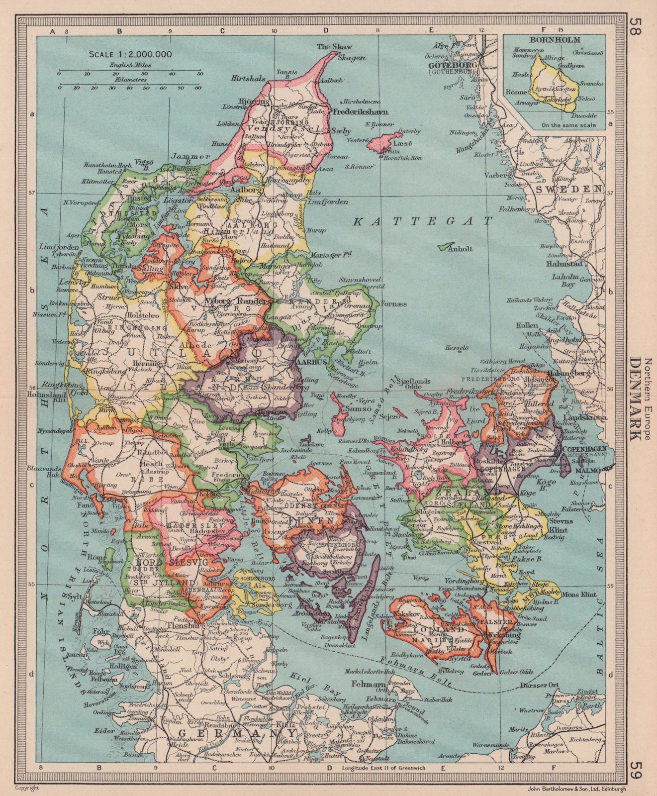 Denmark showing counties. BARTHOLOMEW 1949 old vintage map plan chart