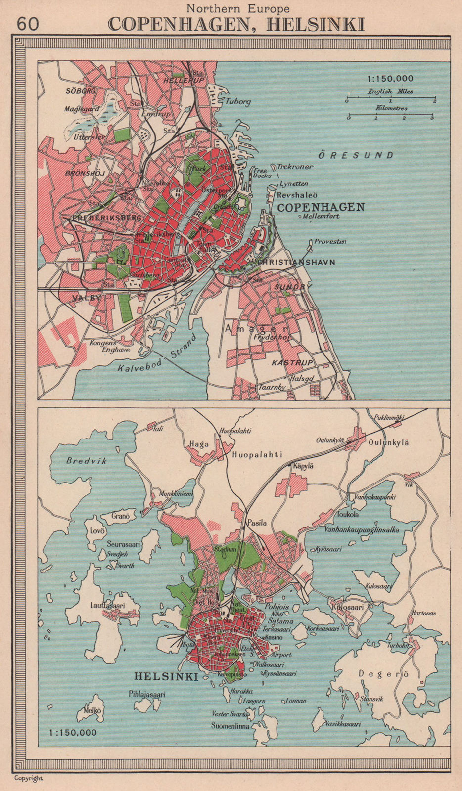 Nordic cities. Copenhagen & Helsinki environs. BARTHOLOMEW 1949 old map