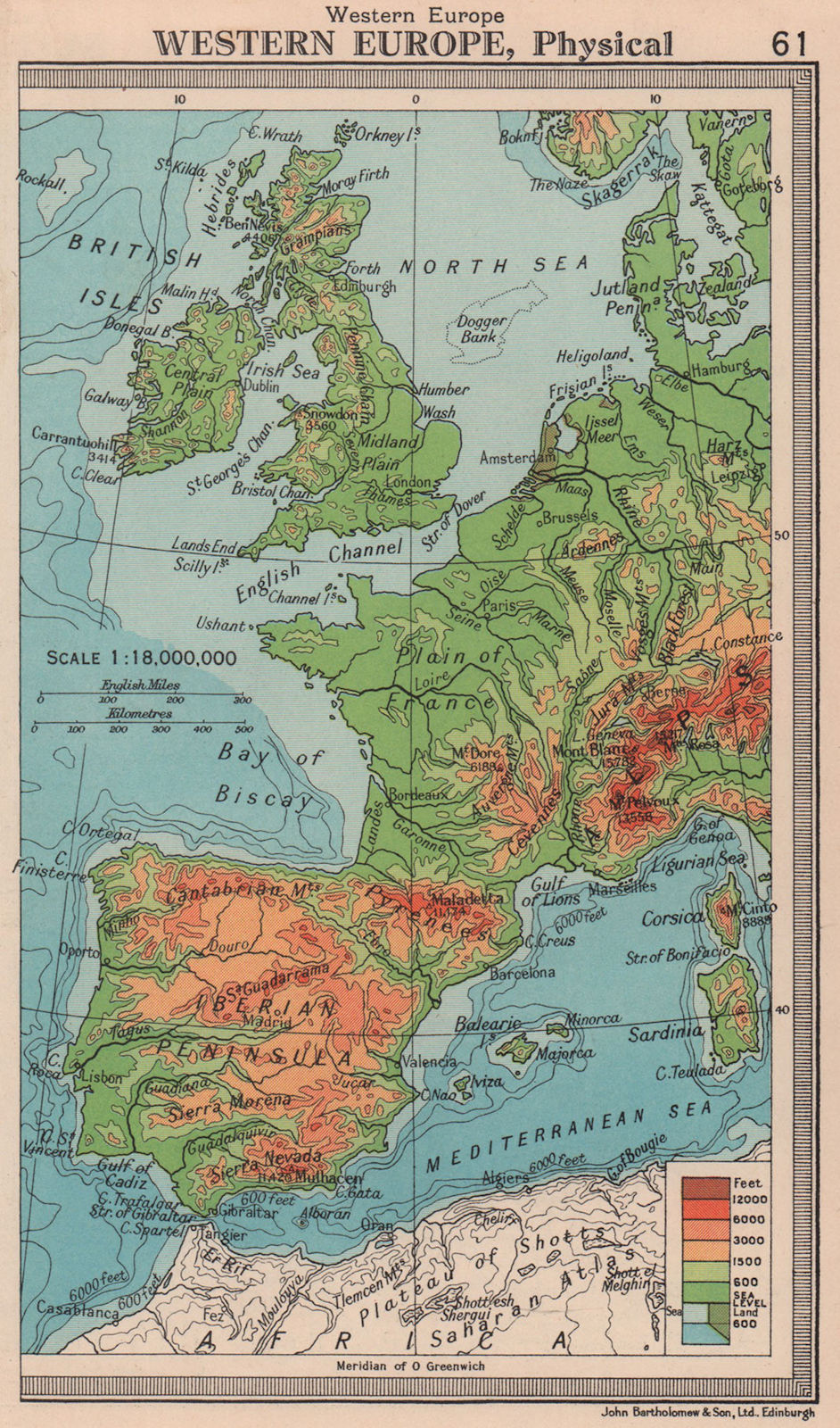 Western Europe - Physical. BARTHOLOMEW 1949 old vintage map plan chart