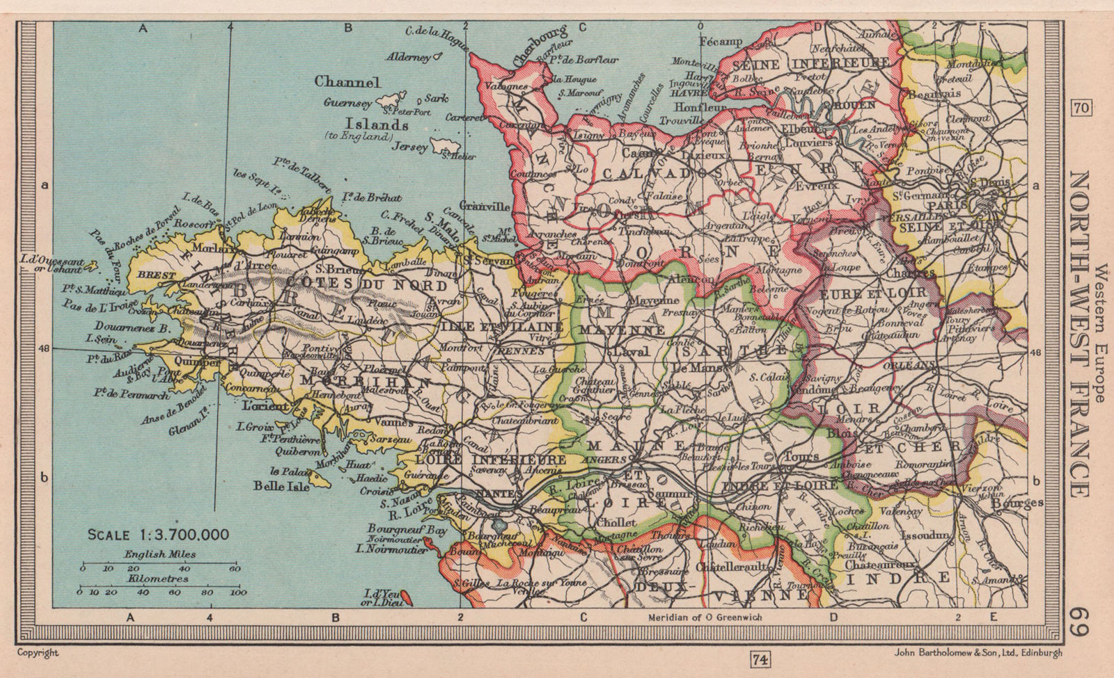 North-West France. Britanny Normandy Maine Touraine. BARTHOLOMEW 1949 old map