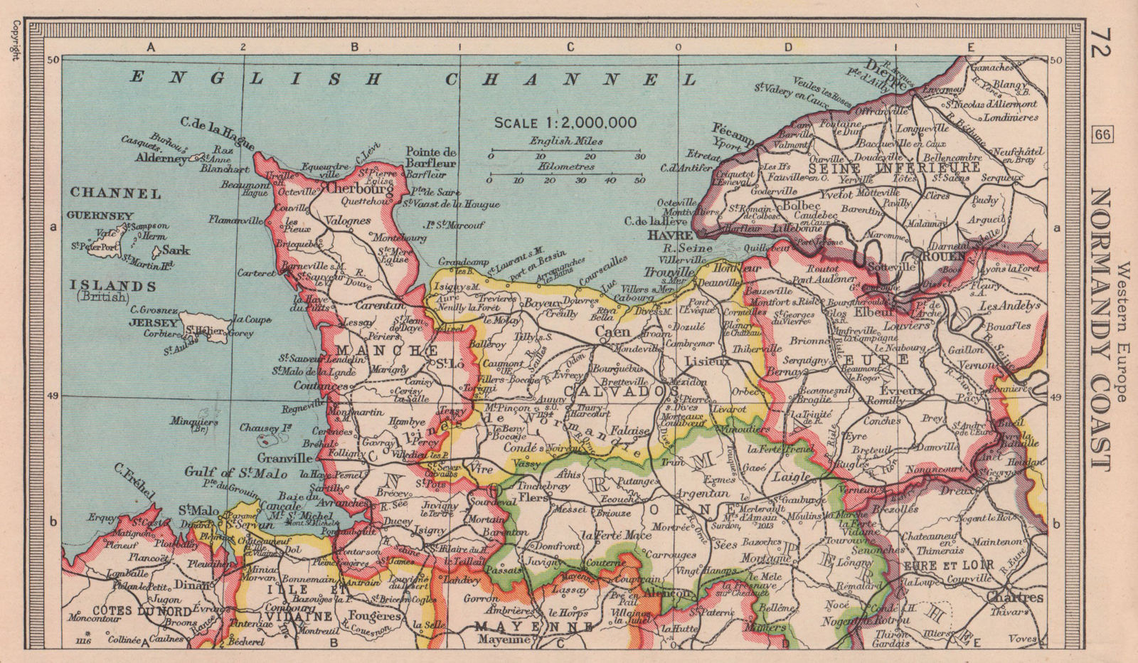 Normandy Coast. Manche Calvados Eure Orne. BARTHOLOMEW 1949 old vintage map