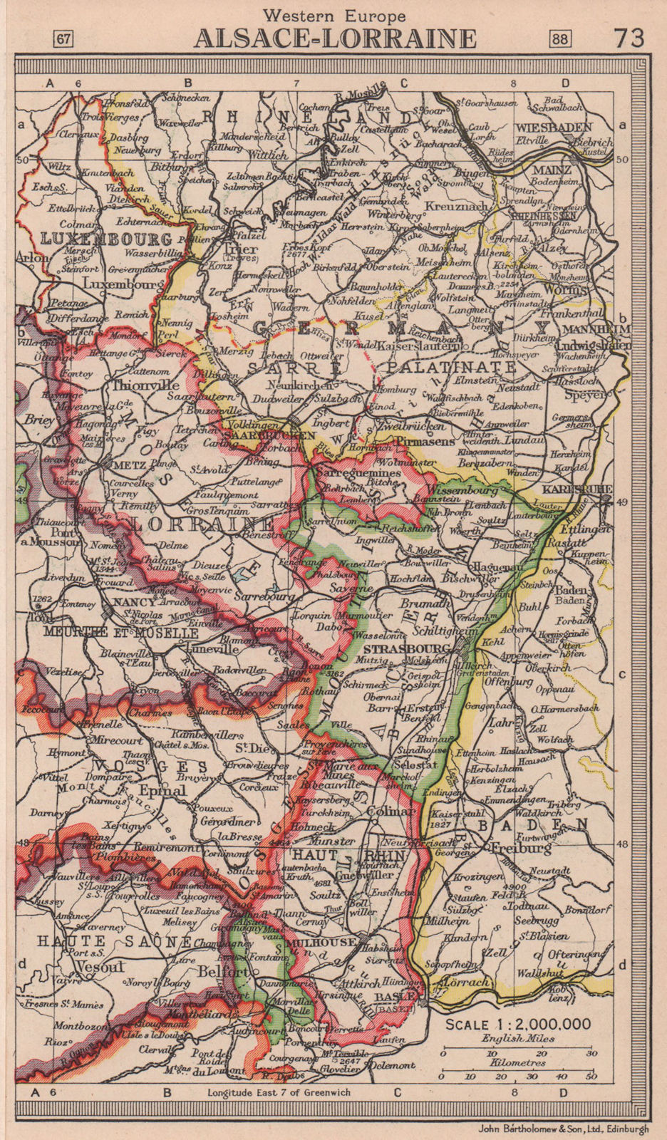 Alsace Lorraine. Saar Protectorate Saarprotektorat. BARTHOLOMEW 1949 old map