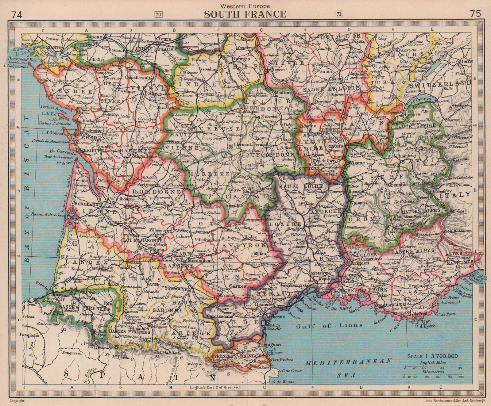 Southern France in old provinces. BARTHOLOMEW 1949 vintage map plan chart