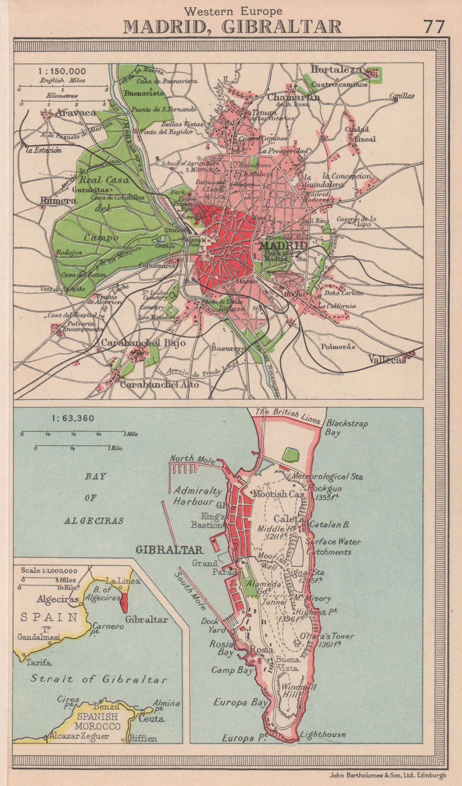 Iberia cities. Madrid & Gibraltar. Spain. BARTHOLOMEW 1949 old vintage map