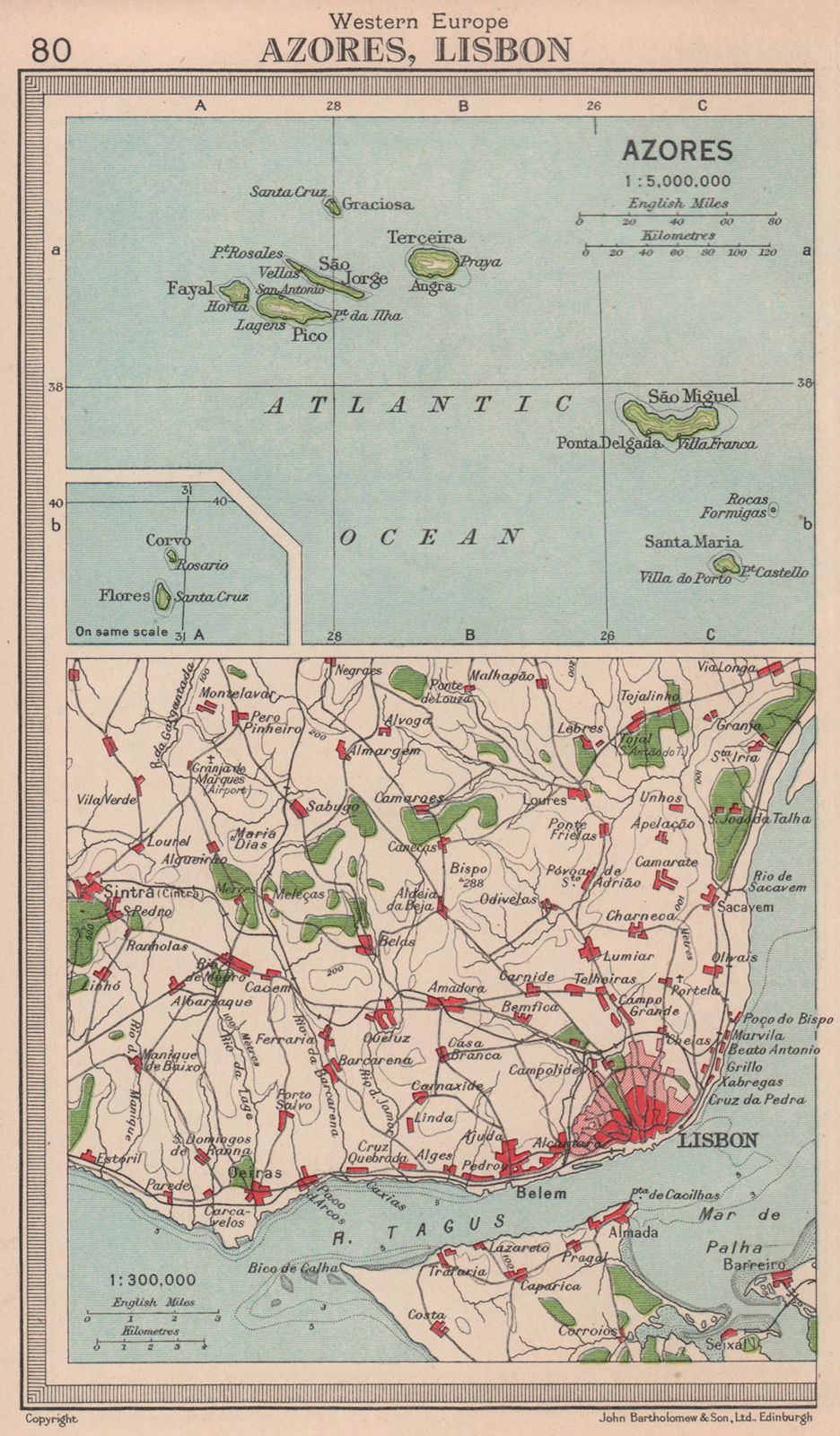 Azores & Lisbon environs. Portugal. BARTHOLOMEW 1949 old vintage map chart