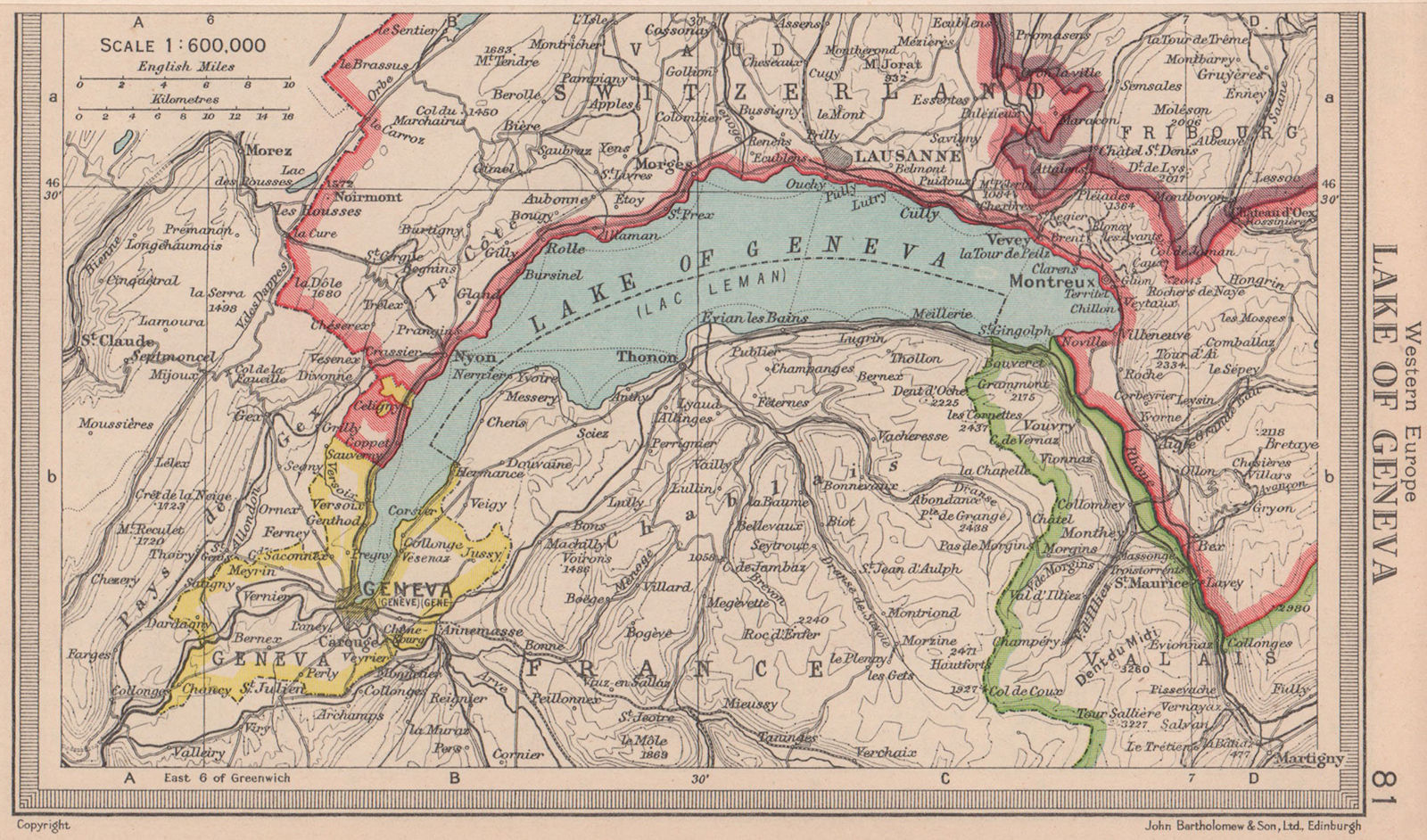 Lake Geneva. Lac Leman. Switzerland. BARTHOLOMEW 1949 old vintage map chart