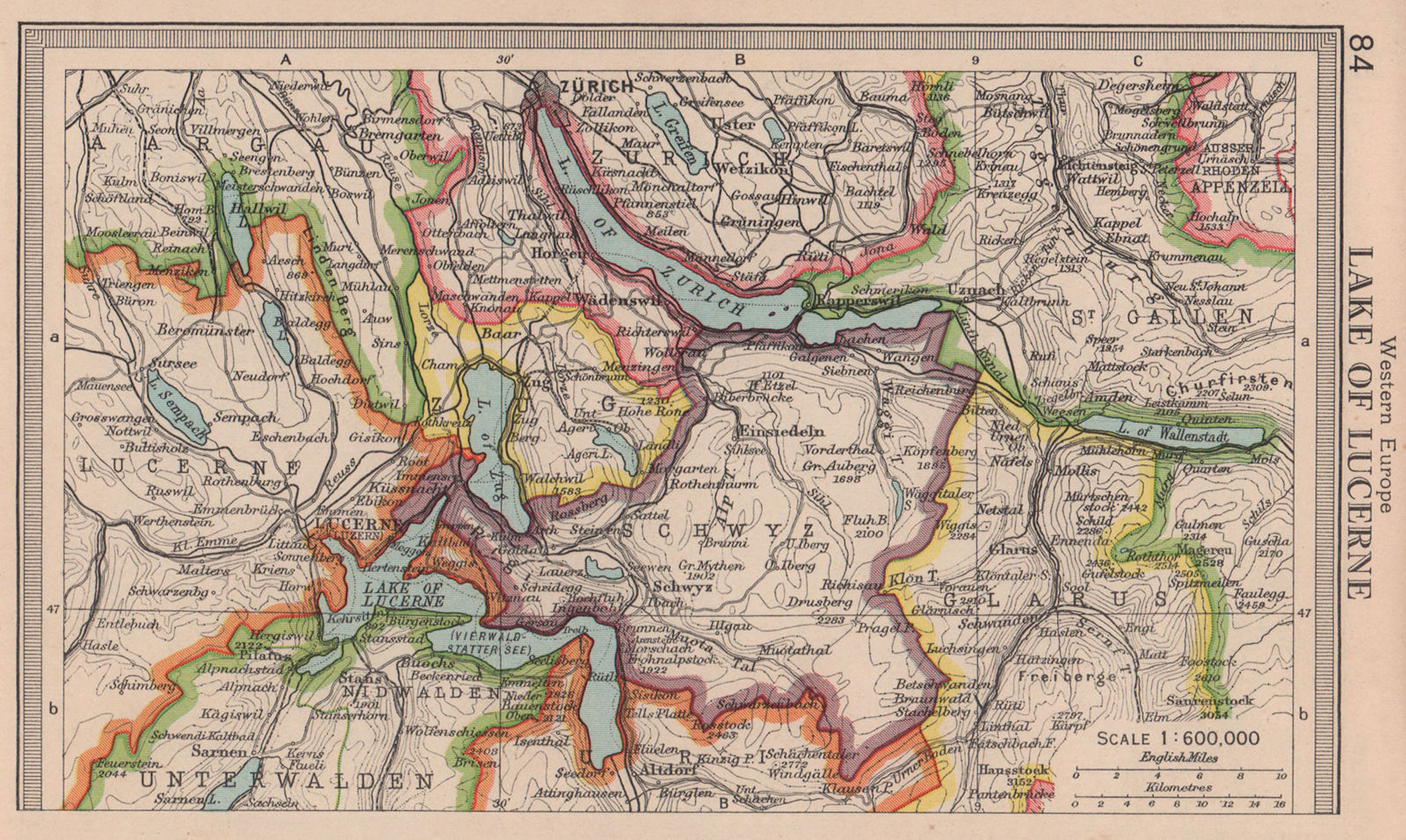Lake Lucerne. Schwyz Zug Zurich Unterwalden Switzerland. BARTHOLOMEW 1949 map