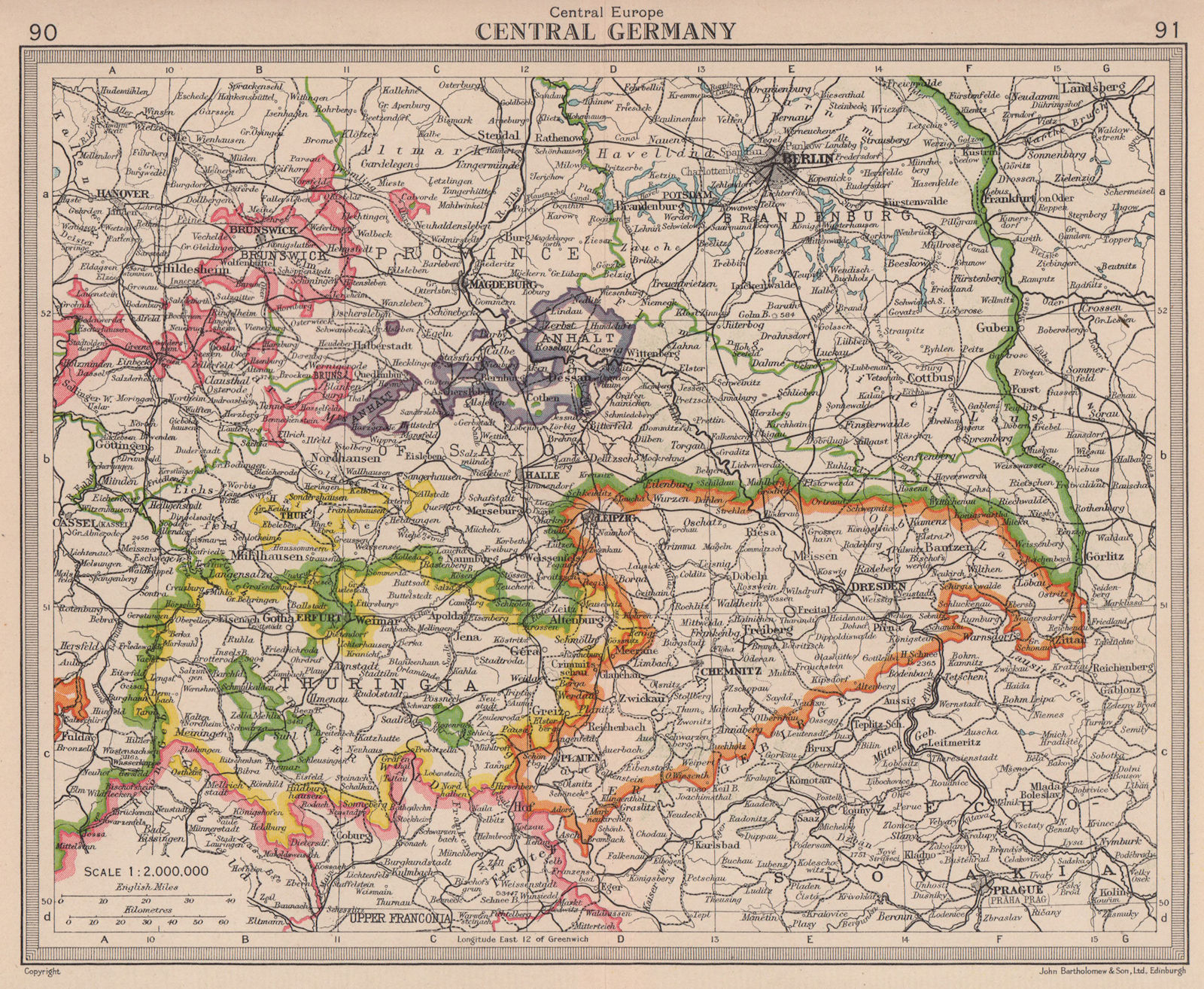 Central Germany. BARTHOLOMEW 1949 old vintage map plan chart