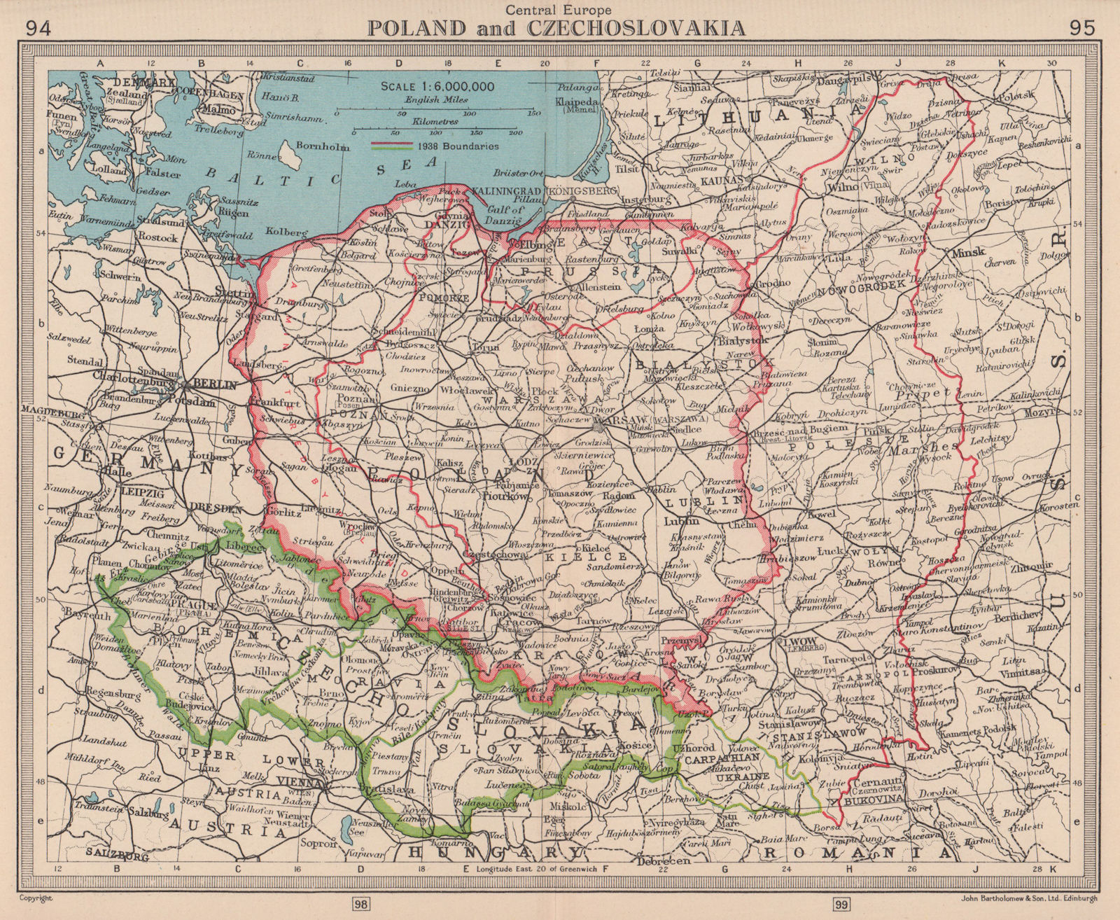 Poland & Czechoslovakia. Showing 1938 & 1945 borders. BARTHOLOMEW 1949 old map