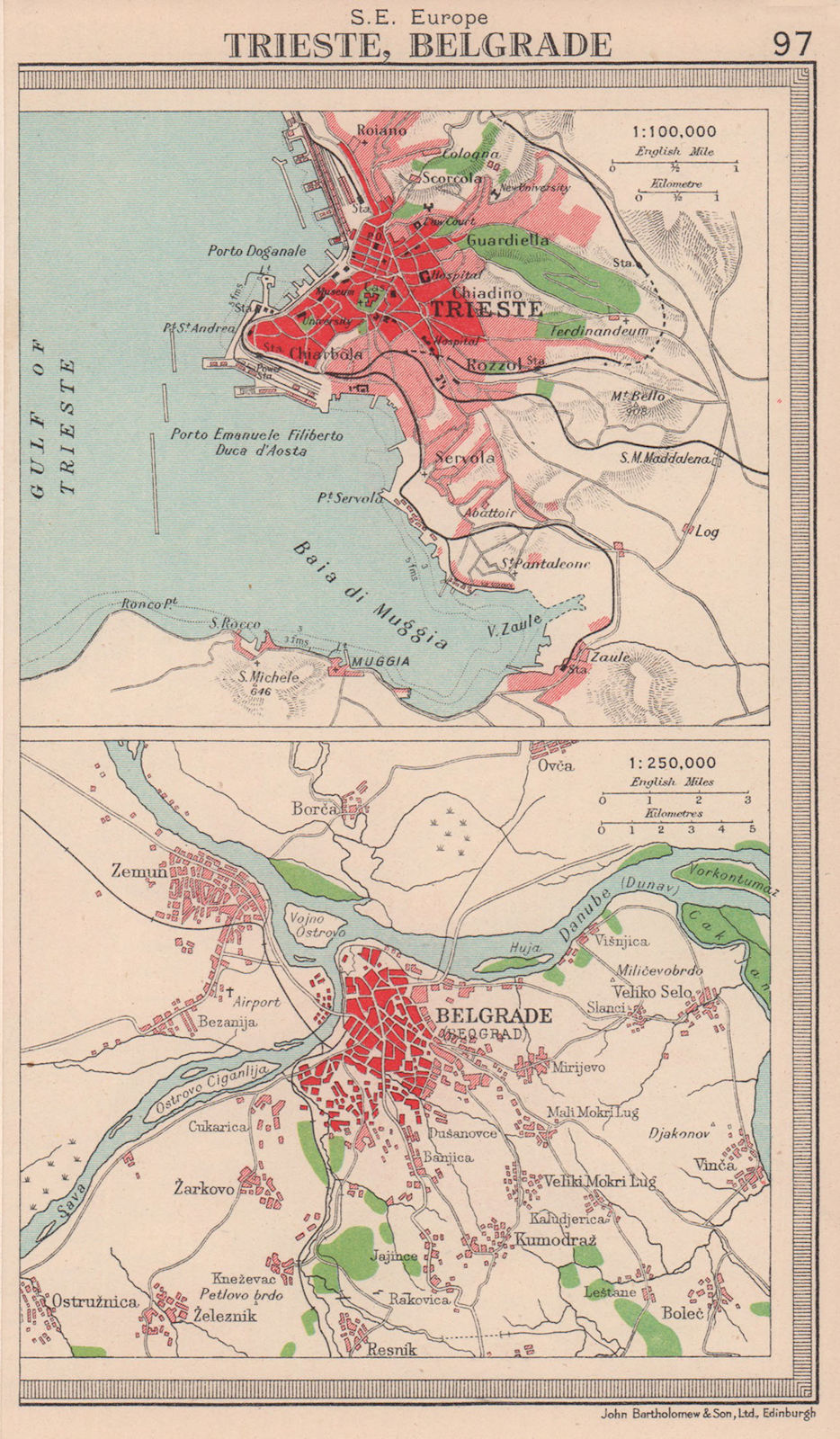 Trieste & Belgrade plan. Italy Serbia. BARTHOLOMEW 1949 old vintage map chart