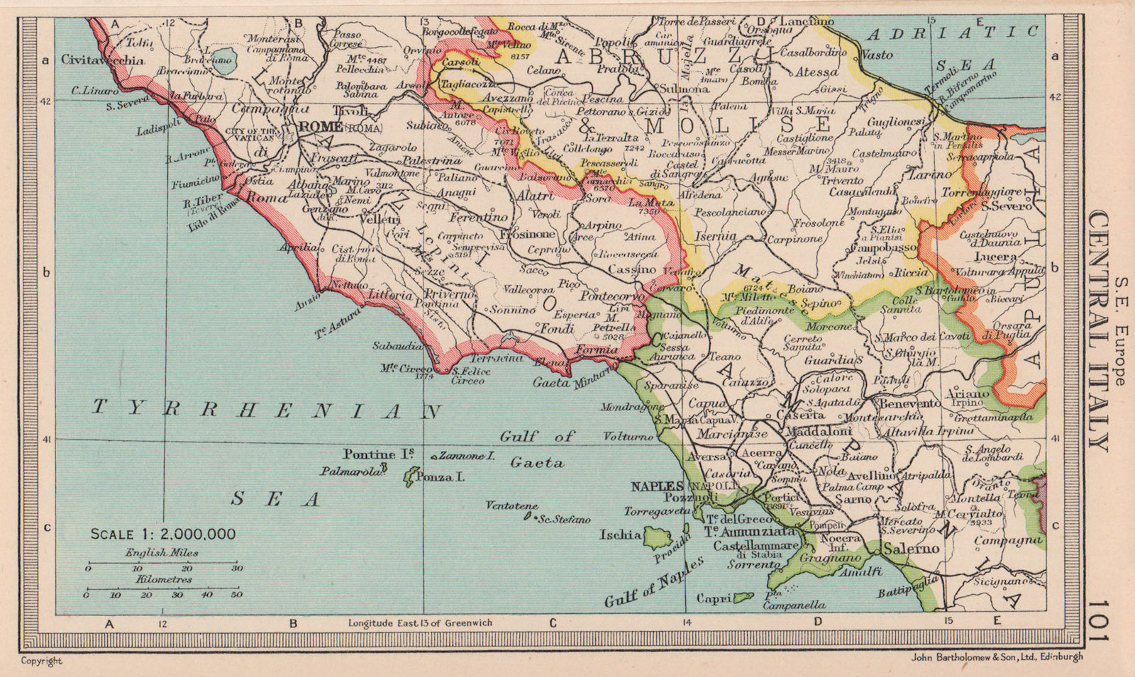 Central Italy. Lazio Campania Abruzzi & Molise. BARTHOLOMEW 1949 old map