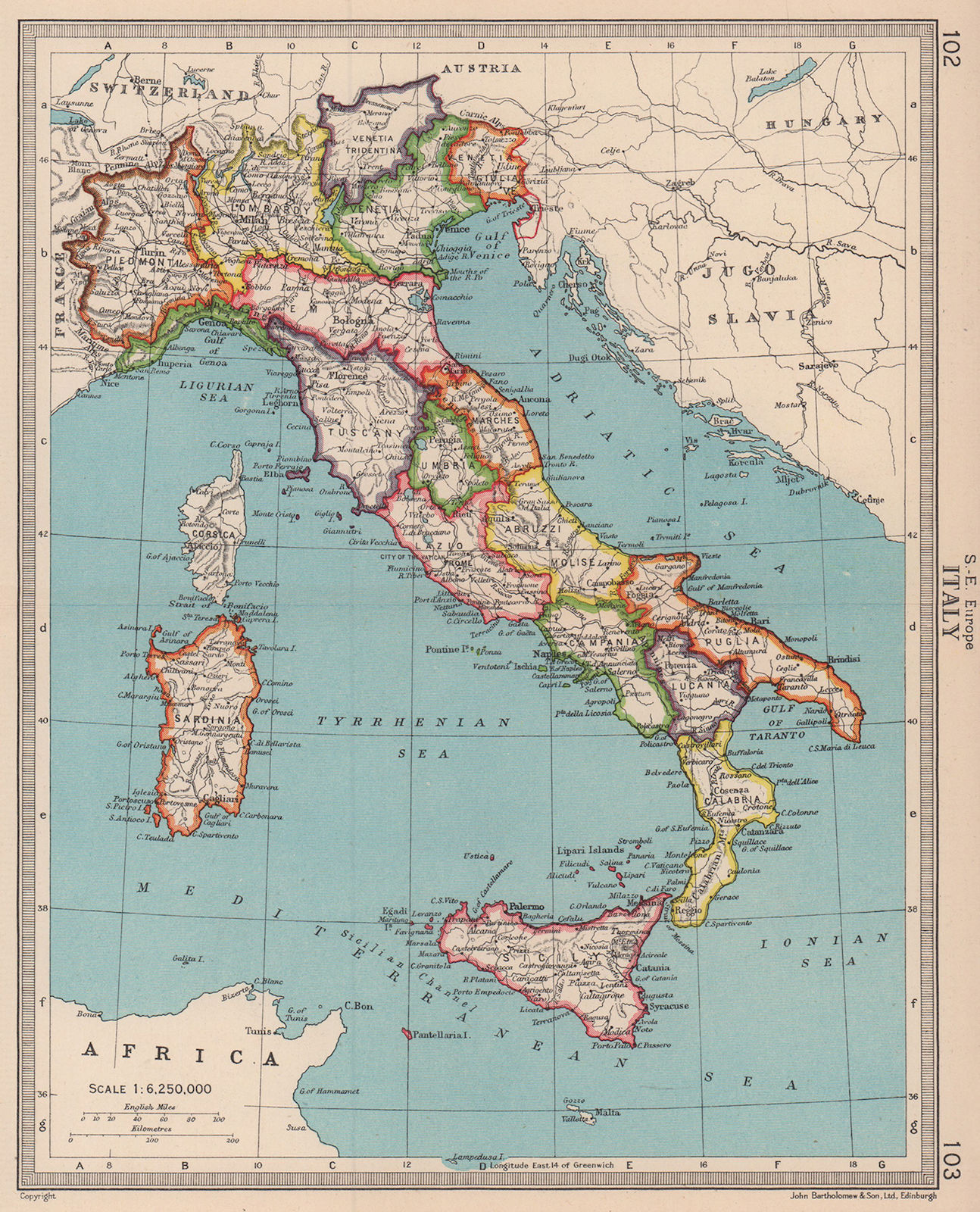 Italy in provinces. Shows Free Territory of Trieste. BARTHOLOMEW 1949 old map