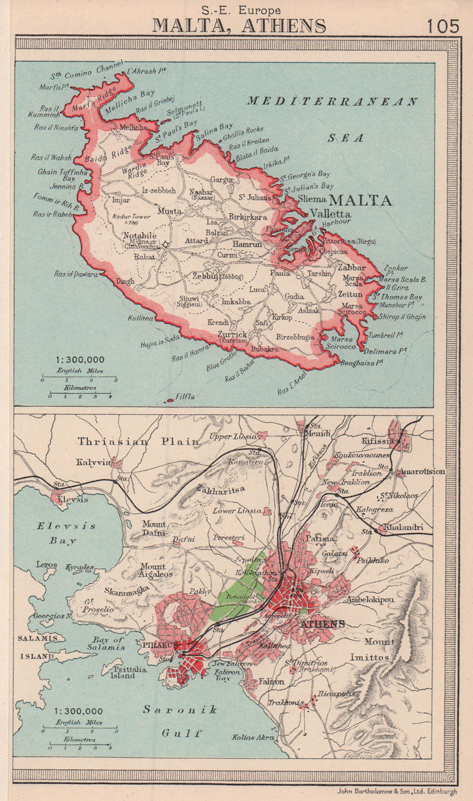 Malta & Athens/Piraeus environs plan. BARTHOLOMEW 1949 old vintage map chart