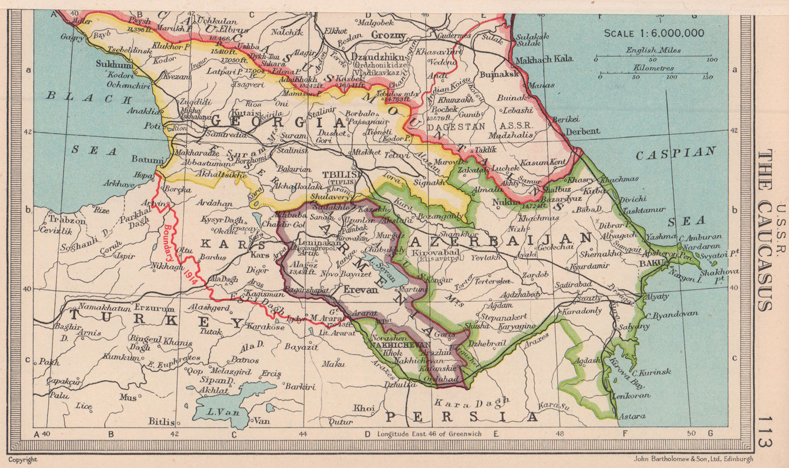 USSR Caucasus. Georgia Armenia Azerbaijan. 1914 border. BARTHOLOMEW 1949 map