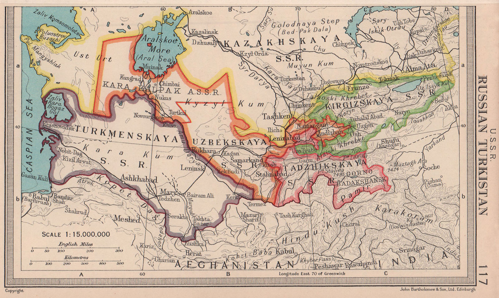 USSR Russian Turkistan Central Asia Turkmenistan Uzbekistan BARTHOLOMEW 1949 map