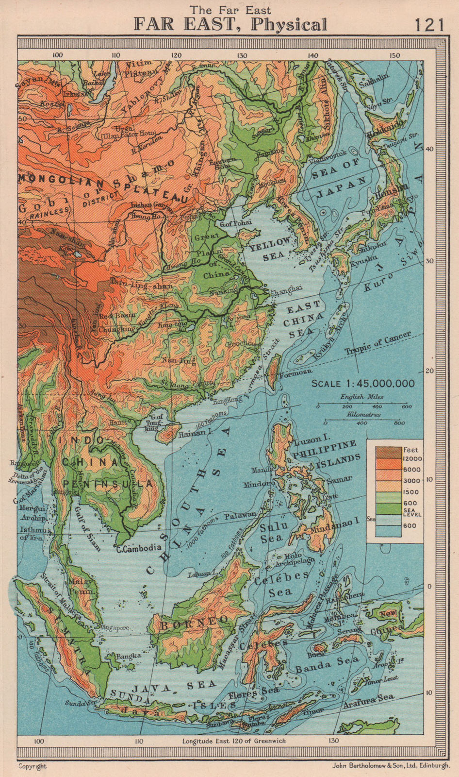 Far East - Physical. East Asia. BARTHOLOMEW 1949 old vintage map plan chart