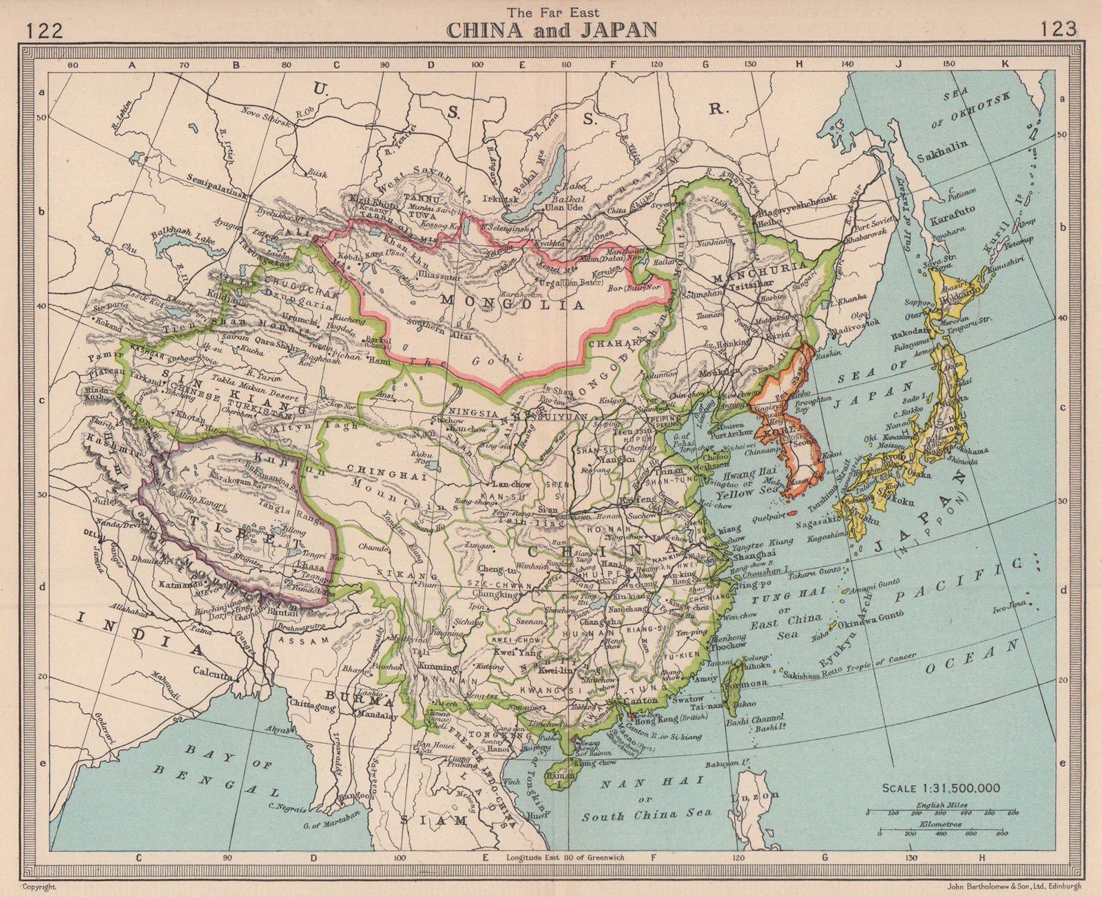 China and Japan. Independent Tibet before Chinese invasion. BARTHOLOMEW 1949 map