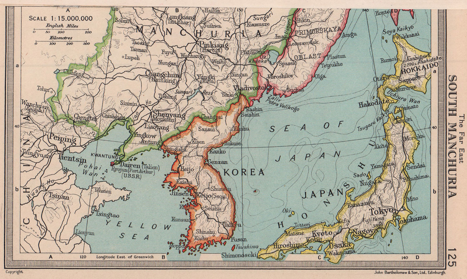 South Manchuria. China Korea Japan. BARTHOLOMEW 1949 old vintage map chart