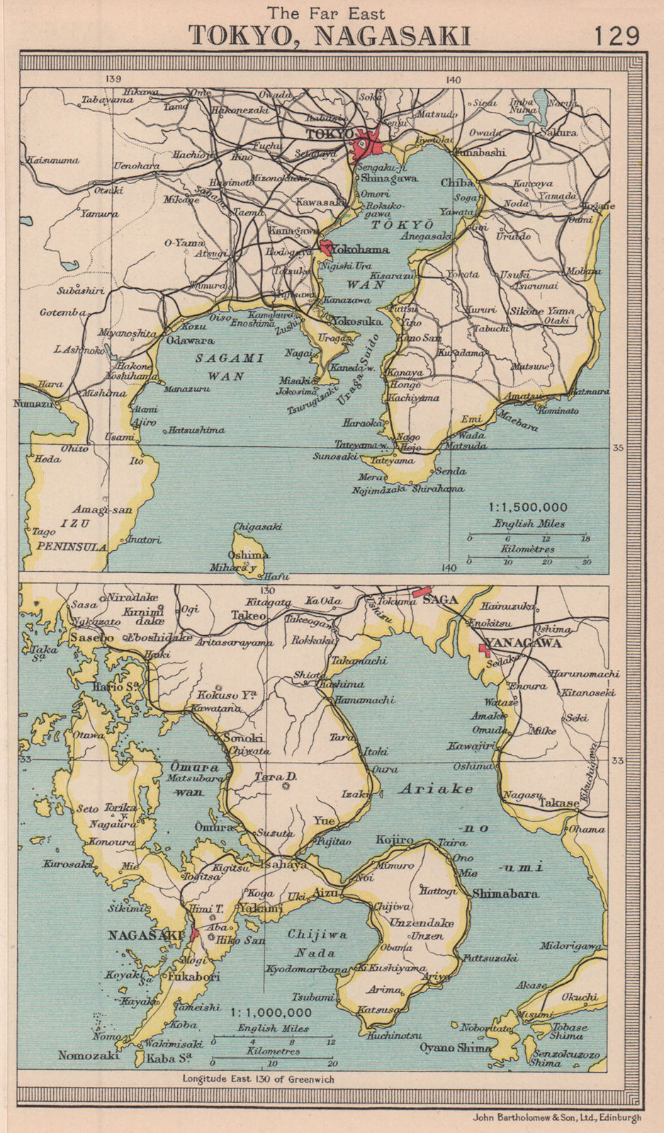 Environs of Tokyo & Nagasaki. Japan. BARTHOLOMEW 1949 old vintage map chart