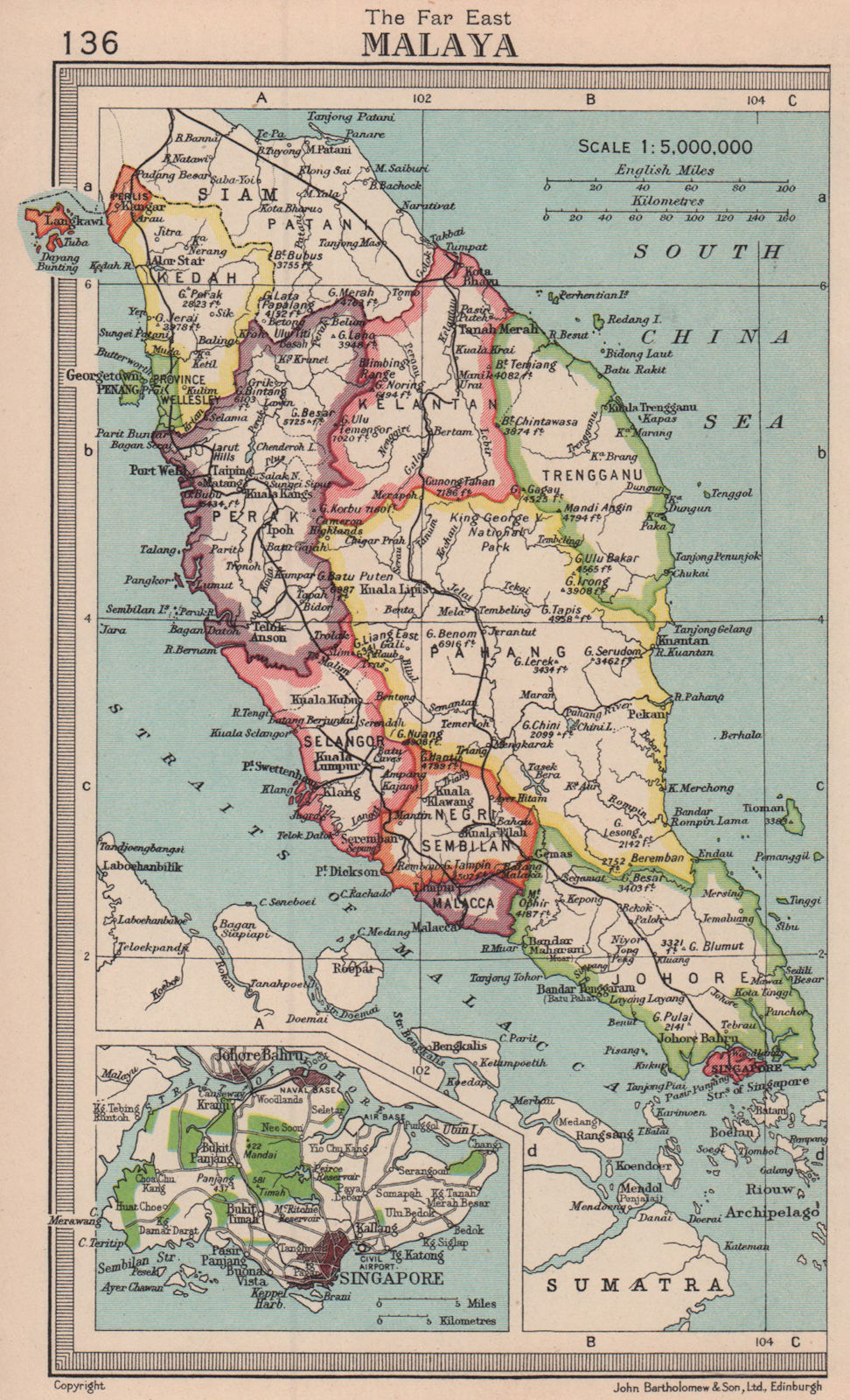 Malaya & Singapore. Malaysia. BARTHOLOMEW 1949 old vintage map plan chart