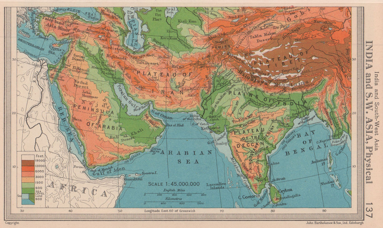 India and South West Asia - Physical. BARTHOLOMEW 1949 old vintage map chart