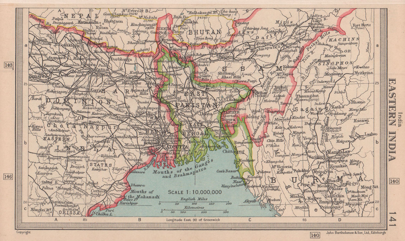 Eastern India. East Pakistan/Bangladesh. BARTHOLOMEW 1949 old vintage map