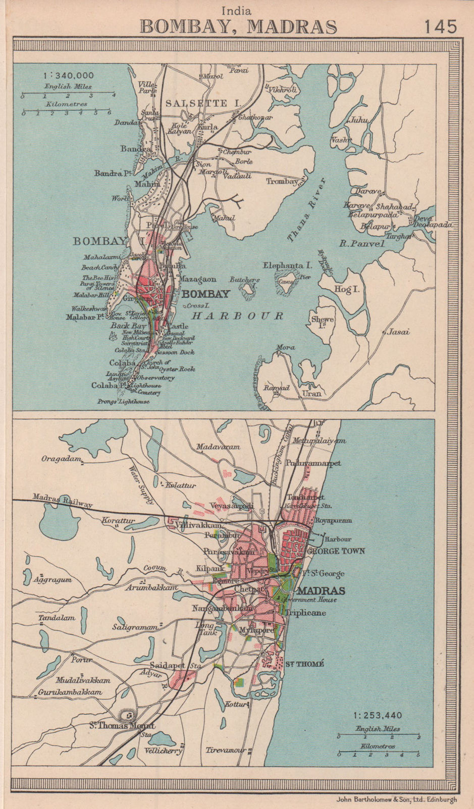 Indian cities. Bombay Mumbai & Madras. BARTHOLOMEW 1949 old vintage map chart