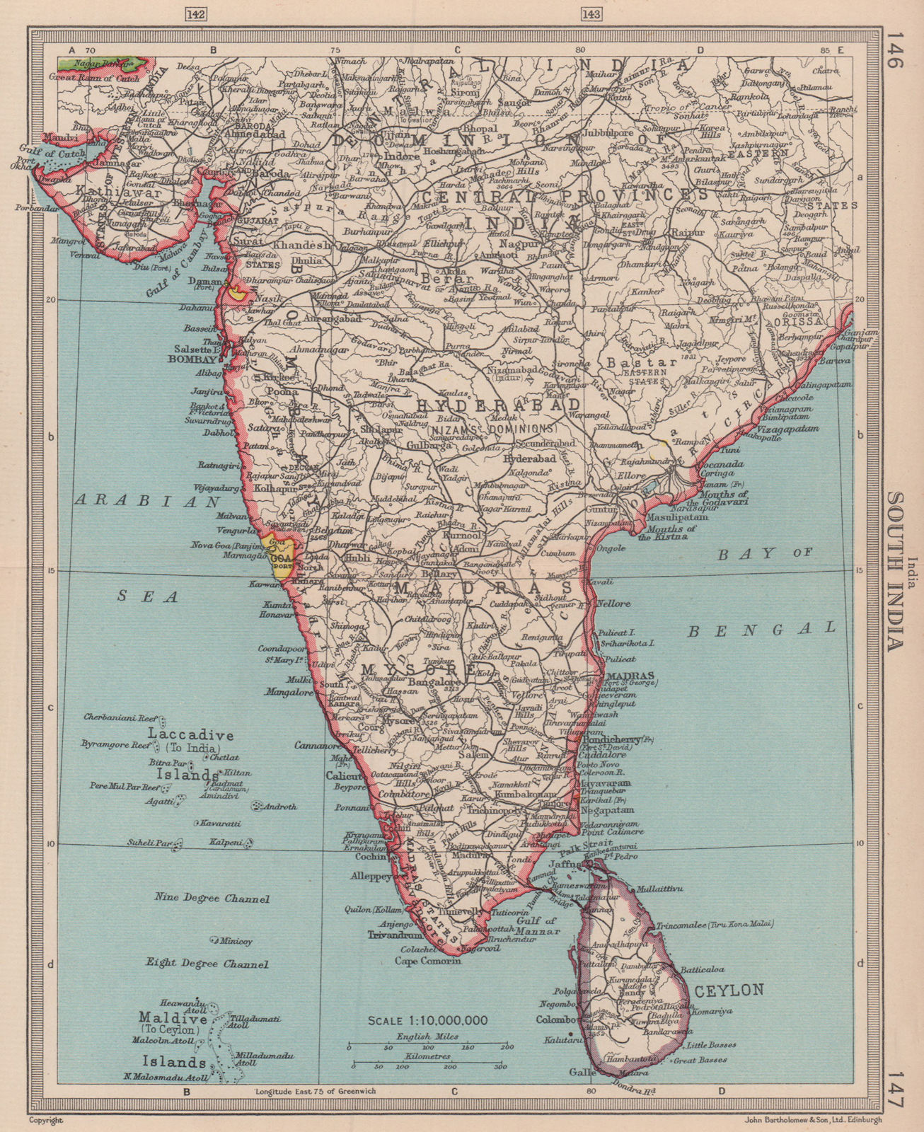 South India. Portuguese Goa & Daman. BARTHOLOMEW 1949 old vintage map chart