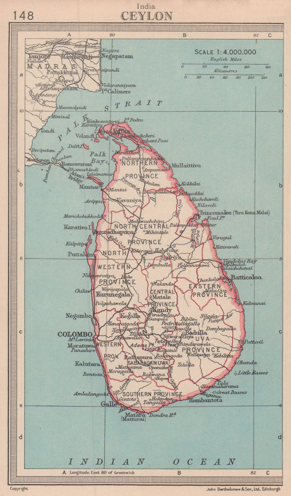 Sri Lanka. Ceylon. BARTHOLOMEW 1949 old vintage map plan chart